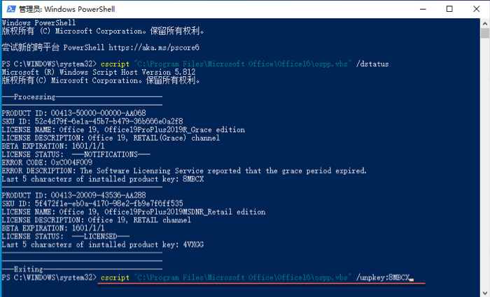 输入命令，卸载多余的Office授权信息。