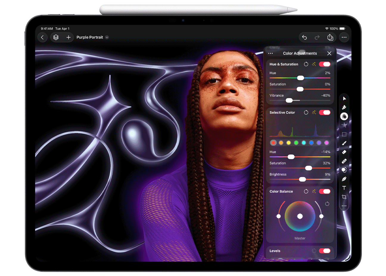 iPad Pro 上显示着 Pixelmator Pro 中的一幅图片